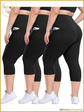 Plus Size High Waisted Yoga Pants with Pockets 3 Pack Tummy Control Spandex